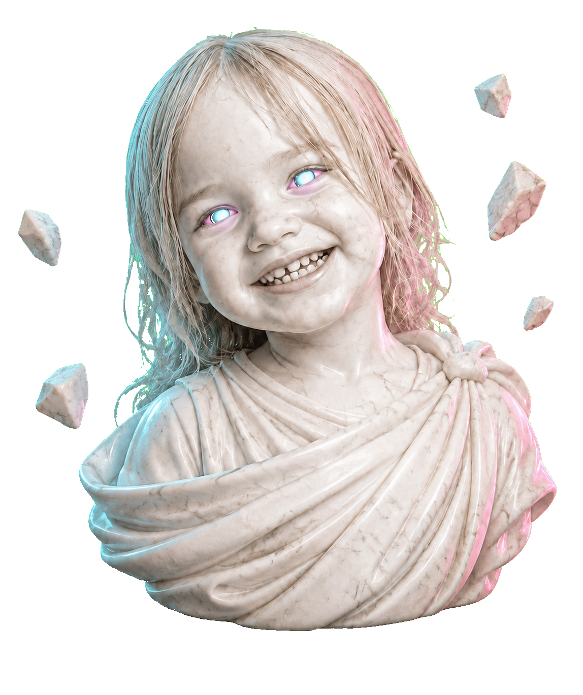 Vaporwave Greek toddler statue with glowing eyes