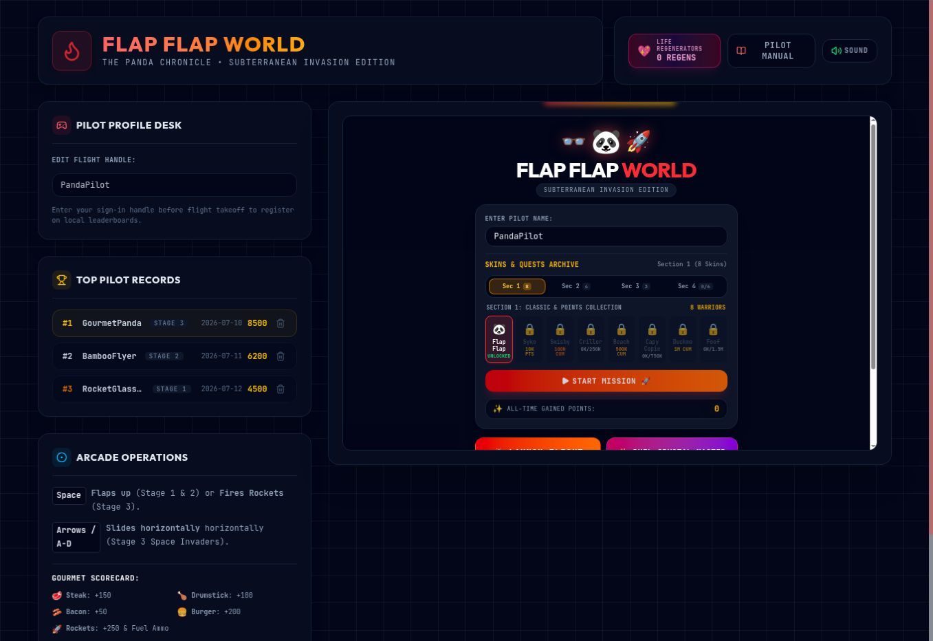 Flap Flap World game screen featuring the panda pilot interface